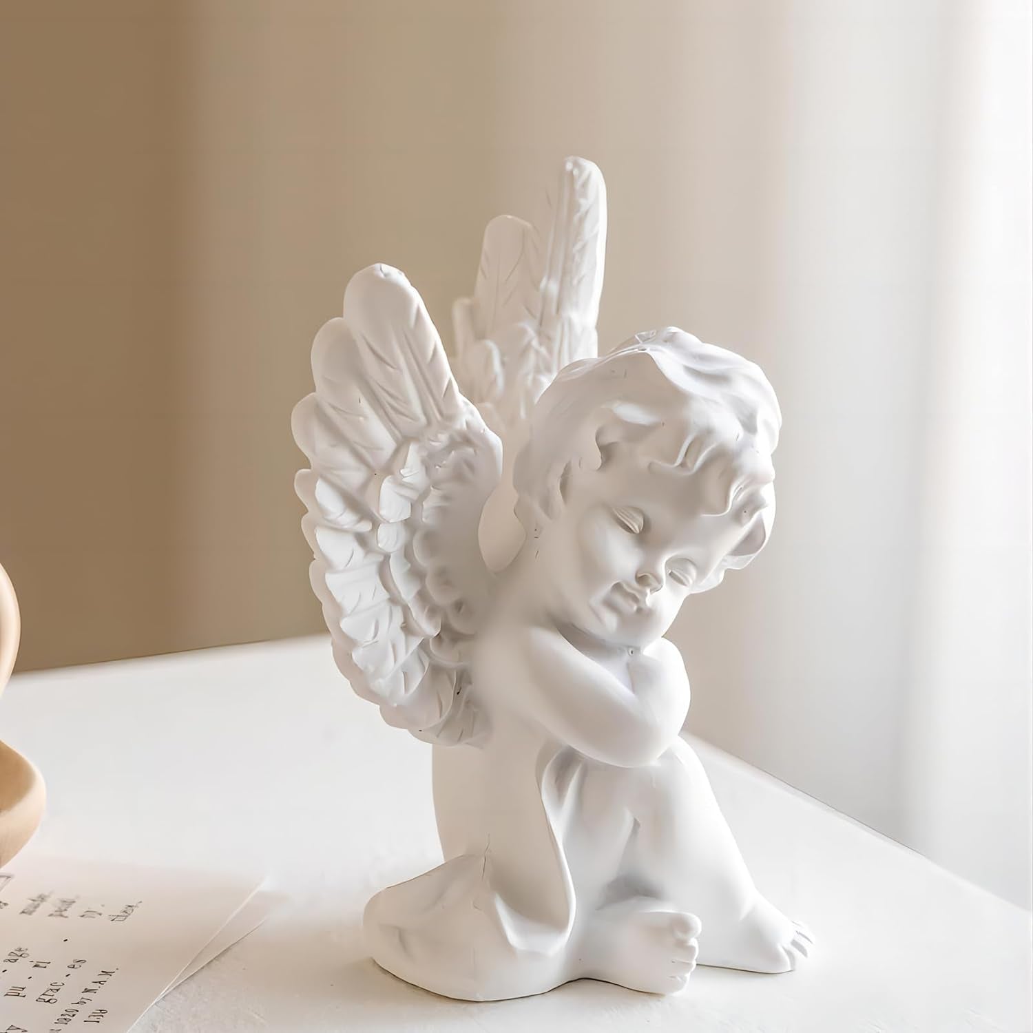 Set of 2 Cherubs Angels Resin Statue Figurine, Indoor Home Decoration, Adorable Angel Sculpture Memorial Statue 4" - White