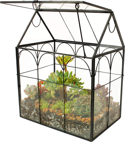 Glass Geometric Plant Terrarium,Succulent & Air Planter for Home Garden Office Decoration (Black House)